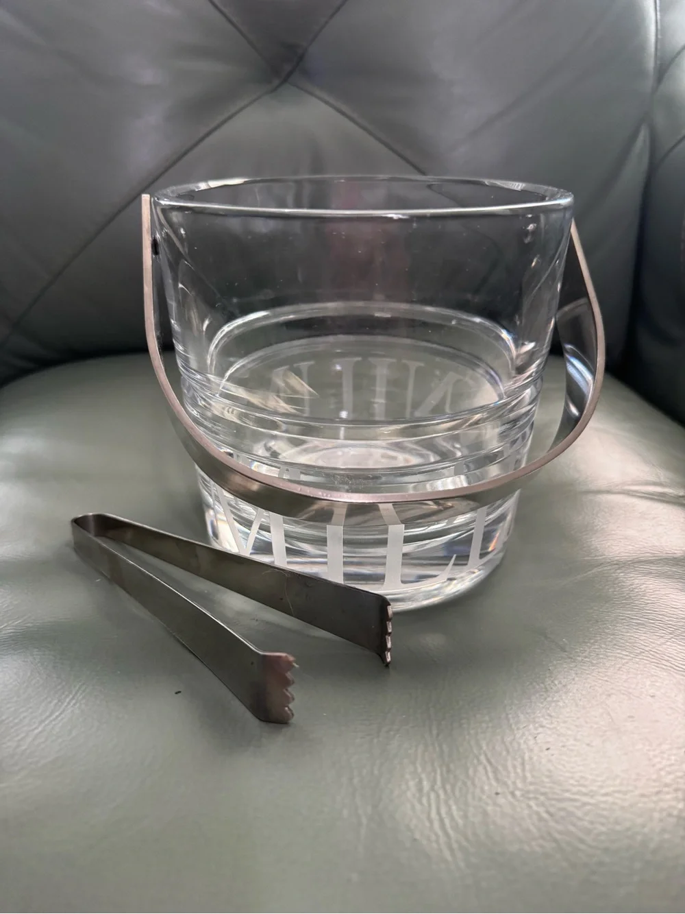 RARE Miller Rogaska Crystal Glass Ice Bucket with Silver-Toned Handle and Tongs